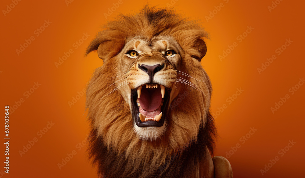 Portrait of a Lion showing his teeth. Open mouth. Orange background
