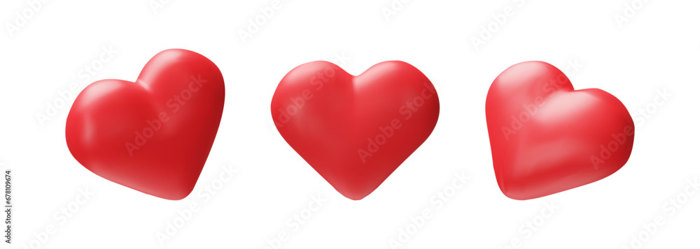 3D collection of render red heart. Happy Valentine's Day, wedding, love symbol. Vector collection of illustration in plastic style. Marriage realistic romantic icon. Medical simple object 3D collection of render red heart. Happy Valentine's Day, wedding, love symbol. Vector collection of illustration in plastic style. Marriage realistic romantic icon. Medical simple object