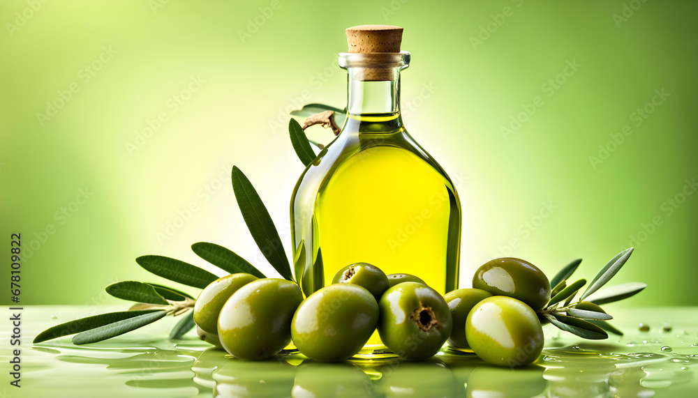 Beautiful close up view of olive bottle surrounded by fresh branch of olives on green background Beautiful close up view of olive bottle surrounded by fresh branch of olives on green background