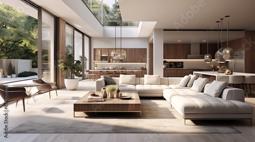 A modern minimalist home interior design with clean lines, sleek furniture, and neutral color palette, featuring an open-concept living space connected to a spacious kitchen, bathed in natural light 