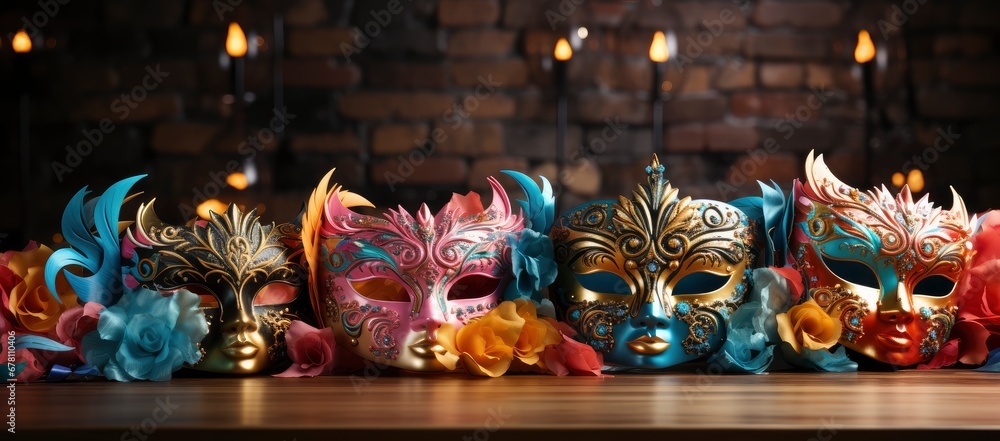 Naklejka premium A collection of colorful Venetian masks and golden goblets, evoking a festive and mysterious masquerade ambiance.