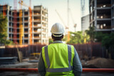 Rear view image of construction engineer in green safety vest and red hardhat controlling construction of new building