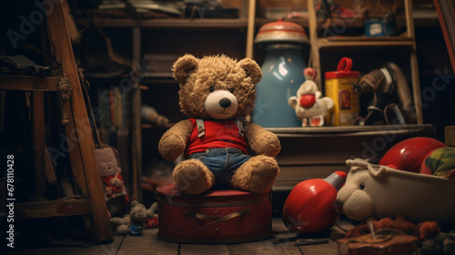 sitting teddy bear in the attic in denim trousers and a red T-shirt