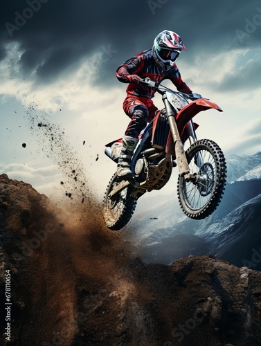Free photo motocross rider racing in a large cloud of dust and debris