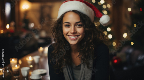 Portrait of smiling young woman in Santa hat looking at camera in cafe. © Synthetica