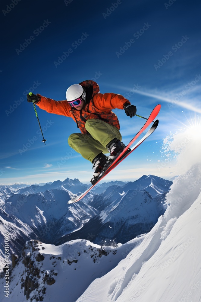 free photos of a skier performing a backflip skies crossed, blue skies with mountains in the background