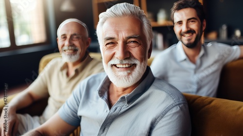 Male friends of different ages laugh remembering times and events sitting on couch in living room of apartment. Positive emotions and lifelong friendship. Laughing at joke with acquaintances photo