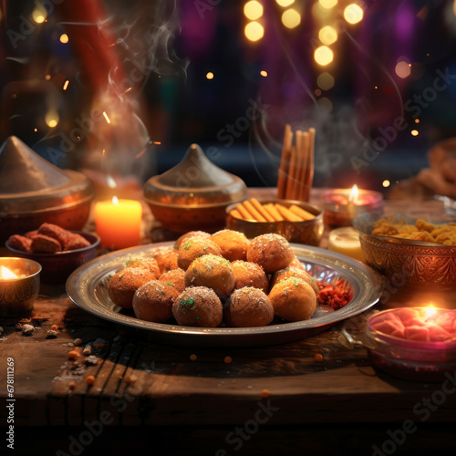 Indian sweets called laddoo in plate for diwali festival photo