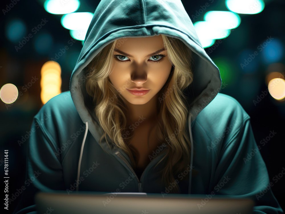 Hacker girl. A programmer girl in a hood is working on software development