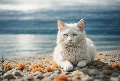 water color paint white cute cat siting 