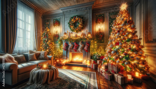  A cozy living room decorated for Christmas  featuring a sparkling Christmas tree adorned with lights and ornaments  a fireplace with glowing embers