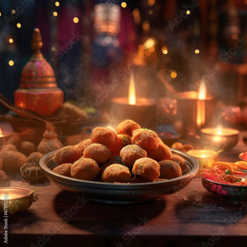 Indian sweets called laddoo in plate for diwali festival photo