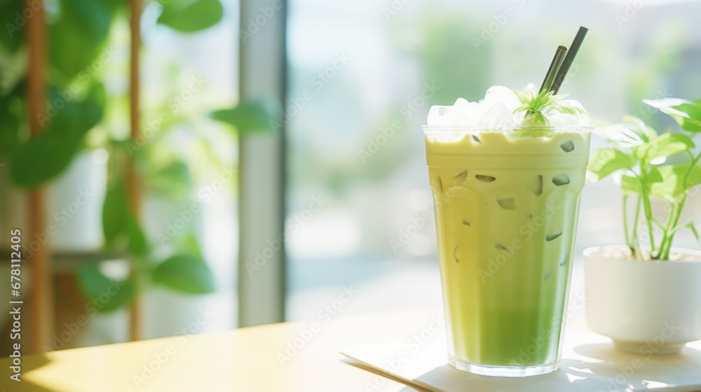 Closeup of iced matcha latte in a stylish glass on sunny background in front of the window in a cafe. Generative AI Closeup of iced matcha latte in a stylish glass on sunny background in front of the window in a cafe. Generative AI