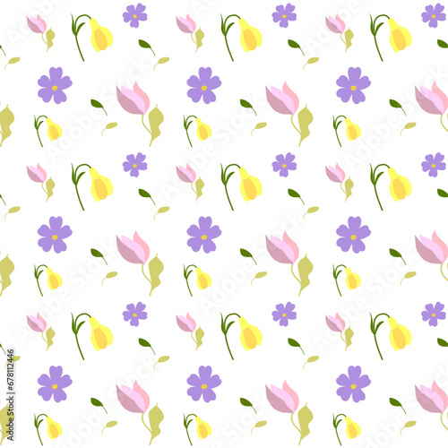 Flower seamless pattern green yellow pink violet purple color style vector image white background wallpaper