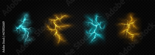 Zippers of various colors. The effect of lightning and lighting, set of lightning. Electric thunderbolt strike. photo