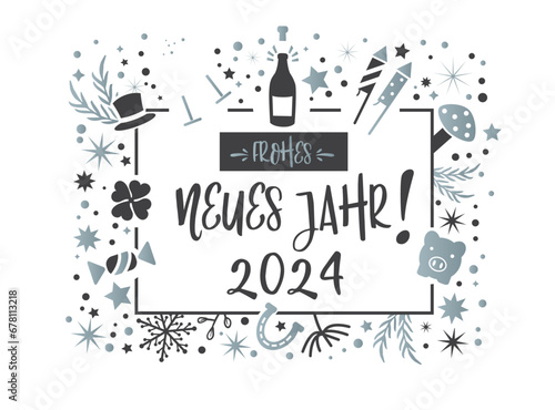 Neujahrsgrüße 2024 - deutscher Text - frohes neues Jahr- Vektor Illustration -  silber
