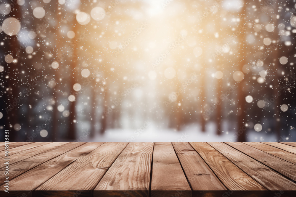 wooden surface and blurry winter christmas background wooden surface and blurry winter christmas background