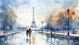 Winter Paris in watercolor style by Generative AI