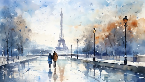 Fototapeta Naklejka Na Ścianę i Meble -  Winter Paris in watercolor style by Generative AI