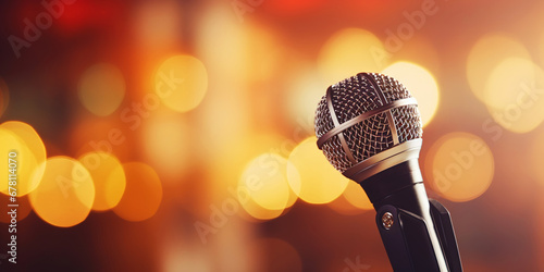 Closeup of retro microphone on stage with a bokeh light backdrop. Karaoke or concert concept. Generative AI