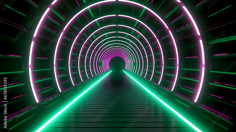 Futuristic space tunnel with green pink neon lights in a octagon shape, modern space technology design, digital computer illustration in dark mood, wallpaper Futuristic space tunnel with green pink neon lights in a octagon shape, modern space technology design, digital computer illustration in dark mood, wallpaper