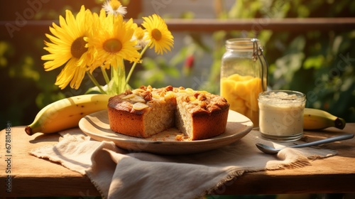 Banana Cake on a Table in Sunlight: A New Quality Stock Image Food Illustration, Perfect for Desktop Wallpaper Design and Culinary Delight.