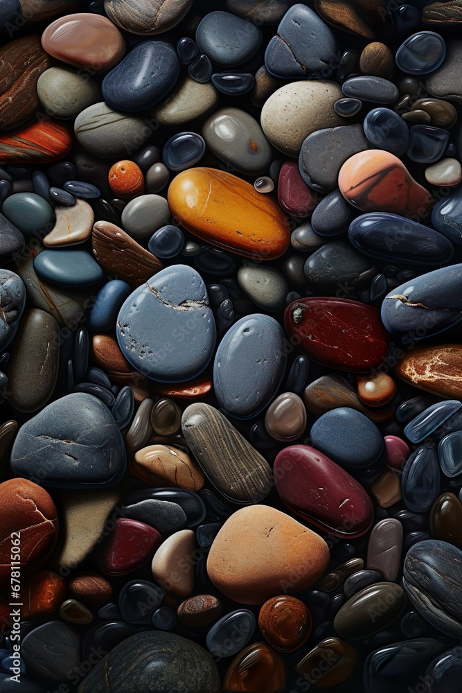 River rocks or stones in a seamless tiled pattern. Naturally polished and rounded river pebbles repeating background