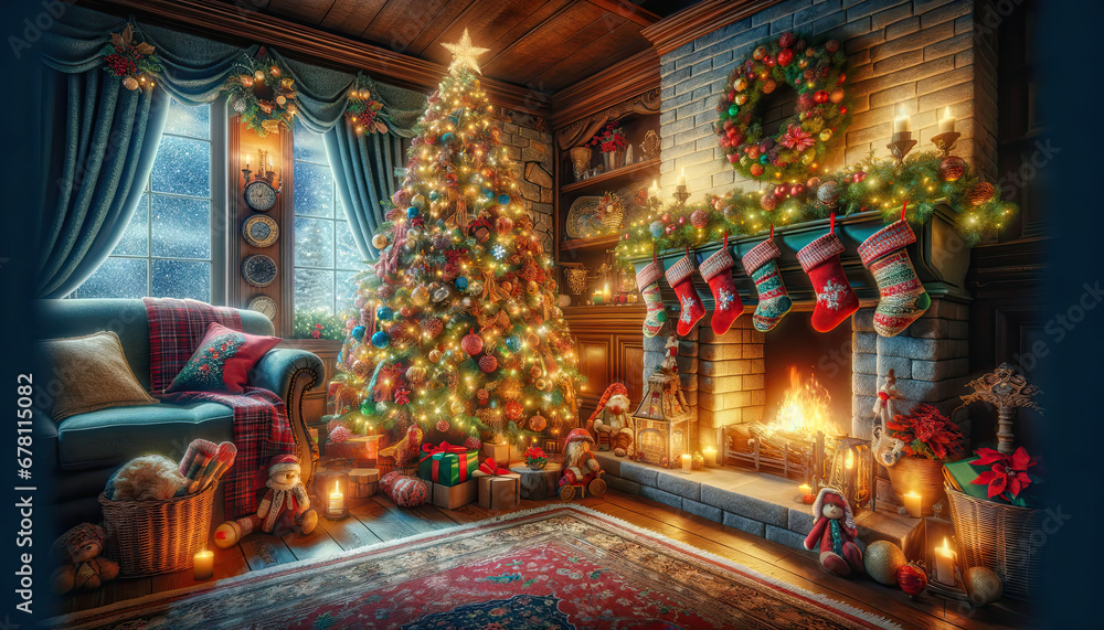 A charming living room beautifully decorated for Christmas. The setting includes a majestic Christmas tree covered in twinkling lights and colorful