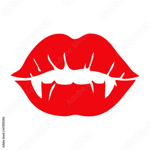 Labios de vampiro. Logo con silueta de labios de mujer con colmillos en espacio negativo para su uso en invitaciones y tarjetas de Halloween