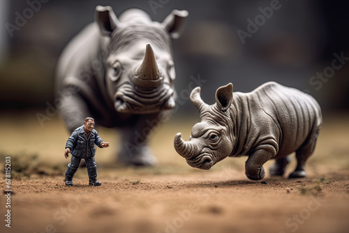 Miniature people figurine of man running away from angry attacking rhinoceros protecting baby in flatland outdoors