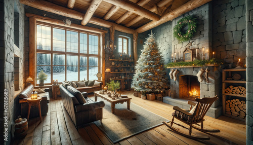 A rustic living room transformed for Christmas, offering a novel layout. The main feature is a large, floor-to-ceiling Christmas tree made of natural © Royal