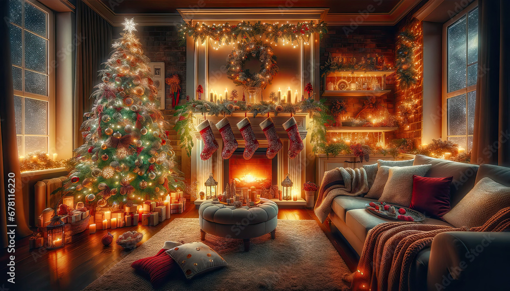 A cozy living room decorated for Christmas, featuring a sparkling Christmas tree adorned with lights and ornaments, a fireplace with glowing embers