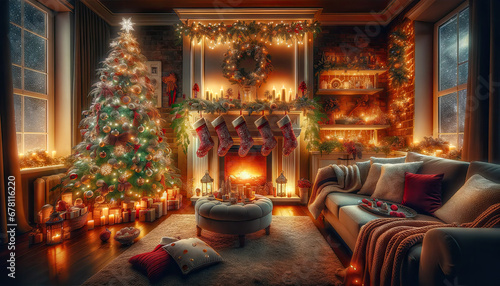 A cozy living room decorated for Christmas, featuring a sparkling Christmas tree adorned with lights and ornaments, a fireplace with glowing embers © Royal