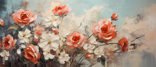 Beautiful watercolor background with spring flowers. Pastel colors with a colorful pattern in oil painting on canvas. Art design for backdrop or wallpaper with copy space.