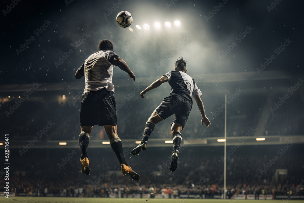 Two soccer players are caught mid-air while engaging in an intense aerial duel for a corner kick, the floodlights of the stadium illuminating the scene