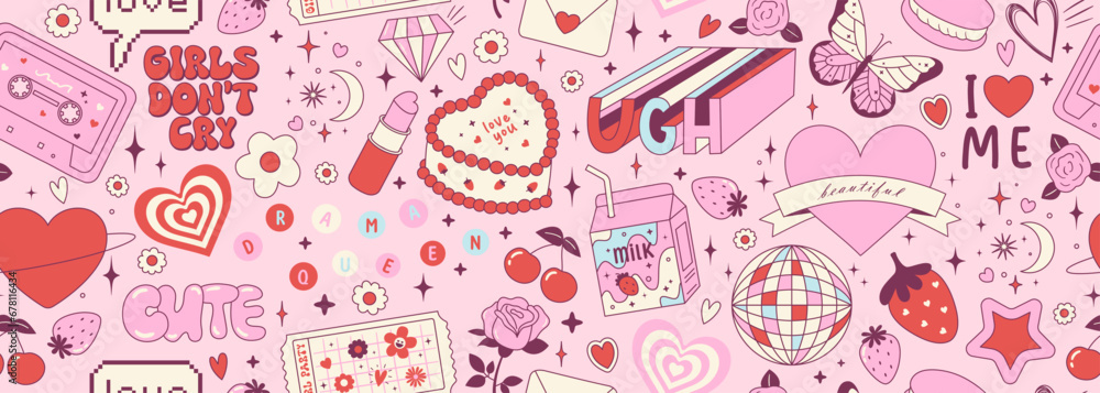 Y2k pink girly seamless pattern with cake, milk, rose flower, strawberry, cassette. Coquette banner backgroud with vintage decor. 2000s aesthetic. Vector texture for wrapping paper, wallpaper, cover