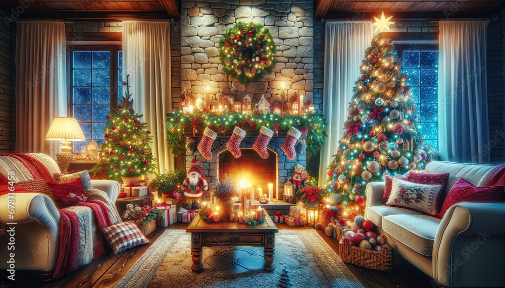 A charming living room beautifully decorated for Christmas. The setting includes a majestic Christmas tree covered in twinkling lights and colorful scene