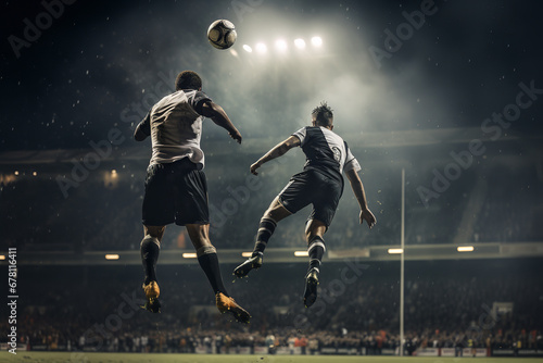 Two soccer players are caught mid-air while engaging in an intense aerial duel for a corner kick, the floodlights of the stadium illuminating the scene © Davivd