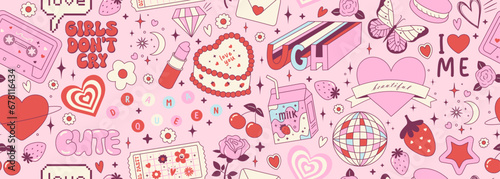 Y2k pink girly seamless pattern with cake, milk, rose flower, strawberry, cassette. Coquette banner backgroud with vintage decor. 2000s aesthetic. Vector texture for wrapping paper, wallpaper, cover photo