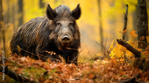 Wild boar Sups scoria in the autumn forest