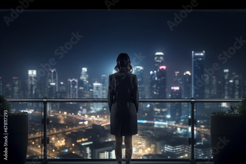 Rear view of asian business woman standing on modern terrace, dark light photography © alisaaa
