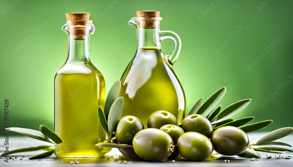Natural view of two olive oil bottles surrounded by fresh olive branch Natural view of two olive oil bottles surrounded by fresh olive branch