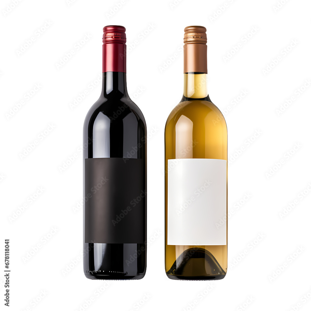 Two different wine bottles in a row on transparent background, white background, isolated, icon material, commercial photography Two different wine bottles in a row on transparent background, white background, isolated, icon material, commercial photography