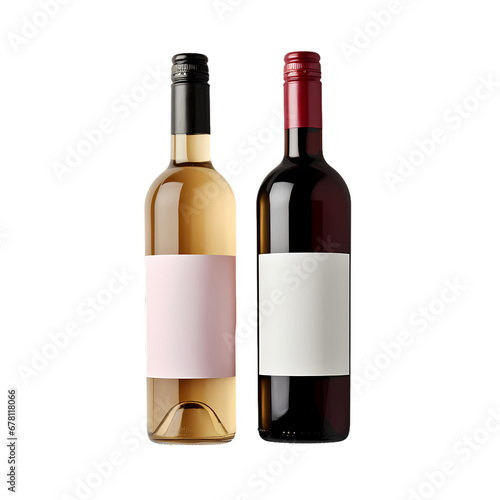 Two different wine bottles in a row on transparent background, white background, isolated, icon material, commercial photography