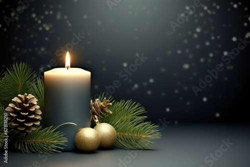 Christmas candles and ornaments over dark background with lights