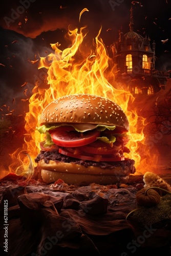 Burger in fire on a wooden table
