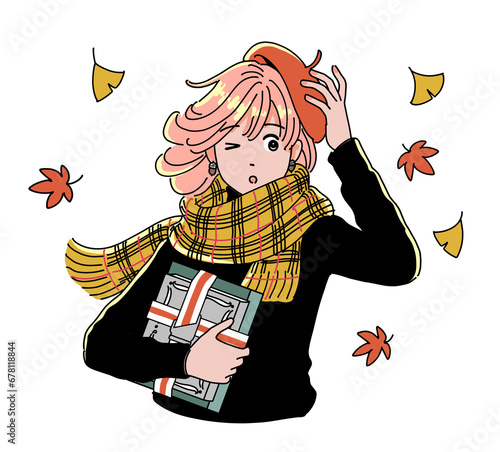 Obraz na płótnie 秋風に驚くレトロポップな女の子