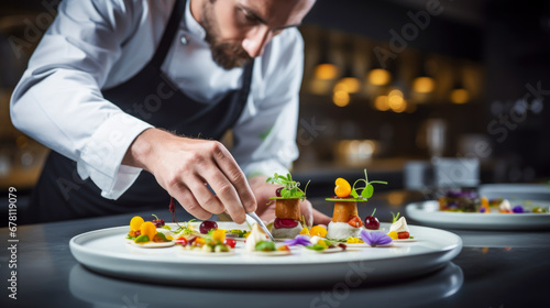 Healthy and delicious food on white plate at luxury restaurant. Chef making and decoration food of eatables flowers. Beautiful food on plate in michelin star restaurant photo