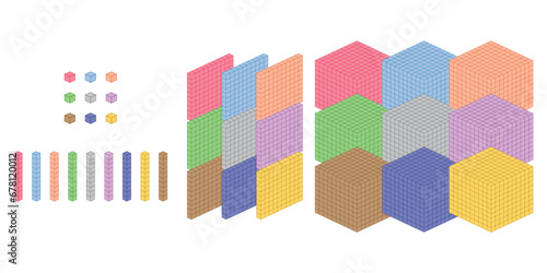 Thousands, hundreds, tens and ones. Learning about base ten blocks. Block type. Flats longs squares in mathematics. Scientific resources for teachers and students. Vector illustration.