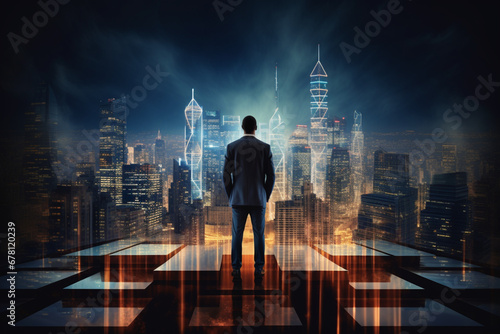 Rear view of businessman standing on bar chart and looking at city with creative double exposure effect, Concept of career ladder and investment, soft light photography photo